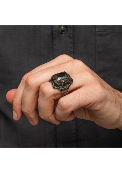 Siyah Taşlı 925 Gümüş Erkek Yüzük fırsatları
