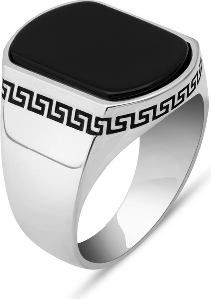 Grek Desenli Siyah Oniks Taşlı 925 Gümüş Erkek Yüzük fiyatları