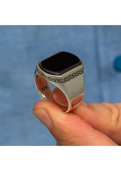 Grek Desenli Siyah Oniks Taşlı 925 Gümüş Erkek Yüzük fırsatları