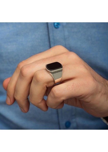 Grek Desenli Siyah Oniks Taşlı 925 Gümüş Erkek Yüzük indirimleri