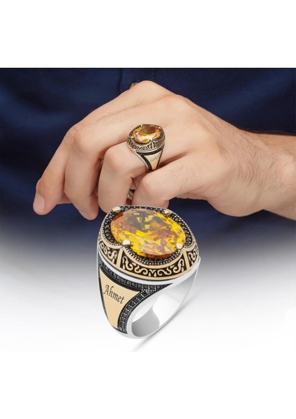Oval Sarı Sitrin Taşlı Harfli 925 Gümüş Erkek Yüzük