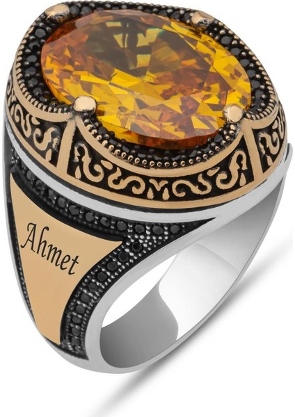 Oval Sarı Sitrin Taşlı Harfli 925 Gümüş Erkek Yüzük fiyatları