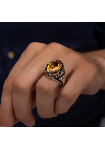 Oval Sarı Sitrin Taşlı Harfli 925 Gümüş Erkek Yüzük modelleri