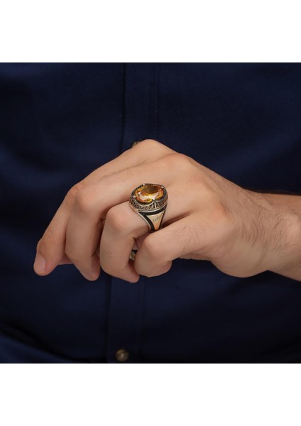 Oval Sarı Sitrin Taşlı Harfli 925 Gümüş Erkek Yüzük indirimleri