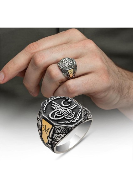 Tuğra Desenli Harfli 925 Gümüş Erkek Yüzük