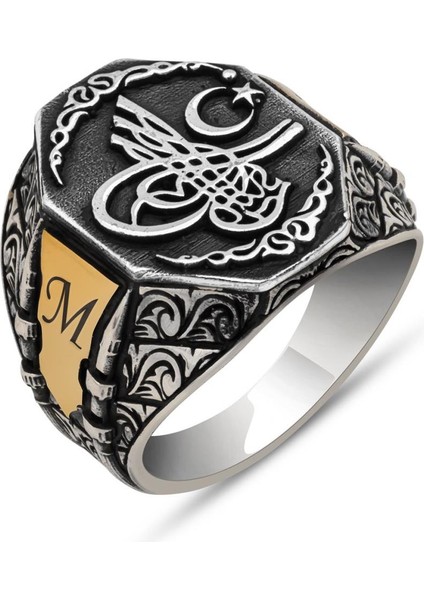 Tuğra Desenli Harfli 925 Gümüş Erkek Yüzük fiyatları
