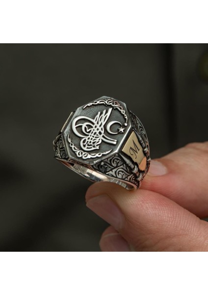 Tuğra Desenli Harfli 925 Gümüş Erkek Yüzük fırsatları