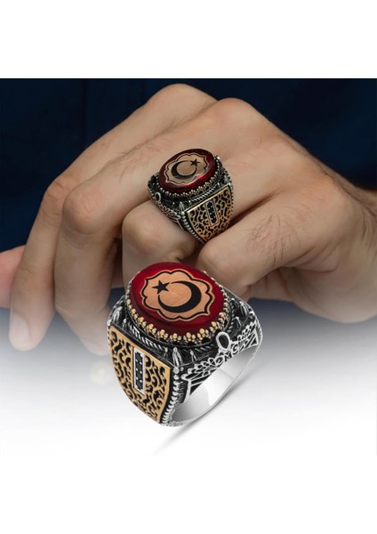 Kırmızı Taşlı Ayyıldız Desenli 925 Gümüş Erkek Yüzük