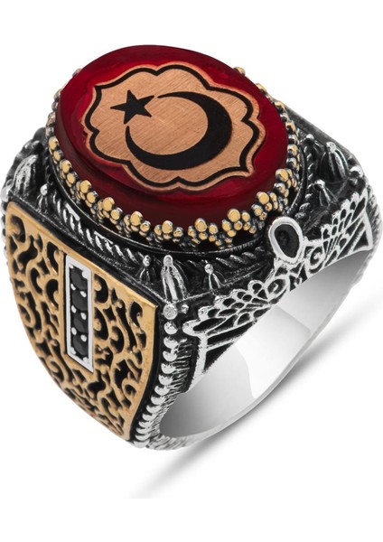 Kırmızı Taşlı Ayyıldız Desenli 925 Gümüş Erkek Yüzük fiyatları