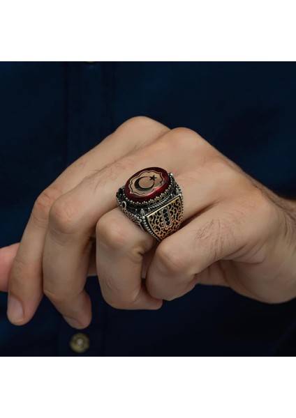 Kırmızı Taşlı Ayyıldız Desenli 925 Gümüş Erkek Yüzük modelleri