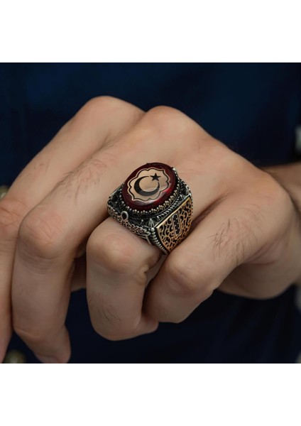 Kırmızı Taşlı Ayyıldız Desenli 925 Gümüş Erkek Yüzük fırsatları