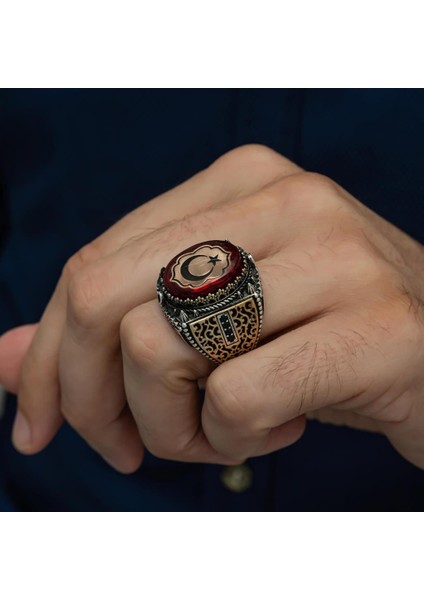 Kırmızı Taşlı Ayyıldız Desenli 925 Gümüş Erkek Yüzük indirimleri