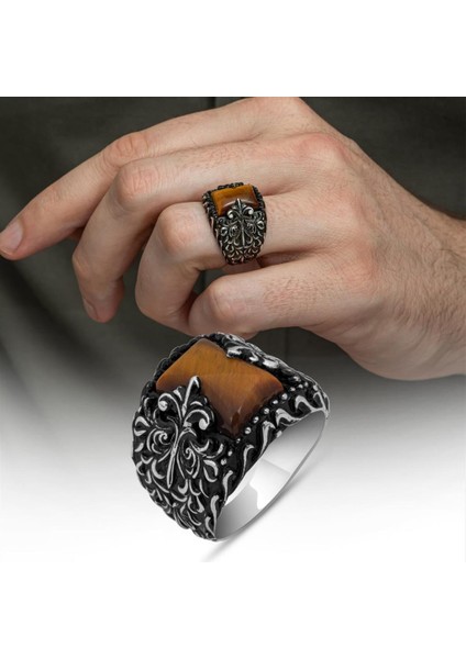 Kaplan Gözü Taşlı 925 Gümüş Erkek Yüzük