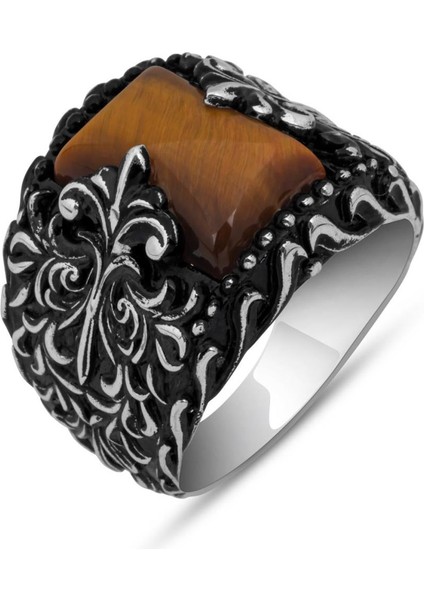 Kaplan Gözü Taşlı 925 Gümüş Erkek Yüzük fiyatları