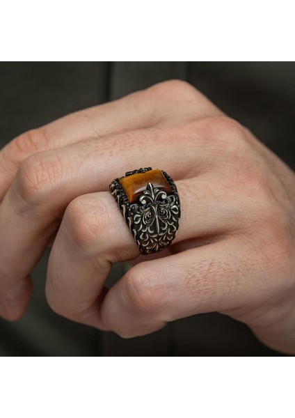 Kaplan Gözü Taşlı 925 Gümüş Erkek Yüzük modelleri