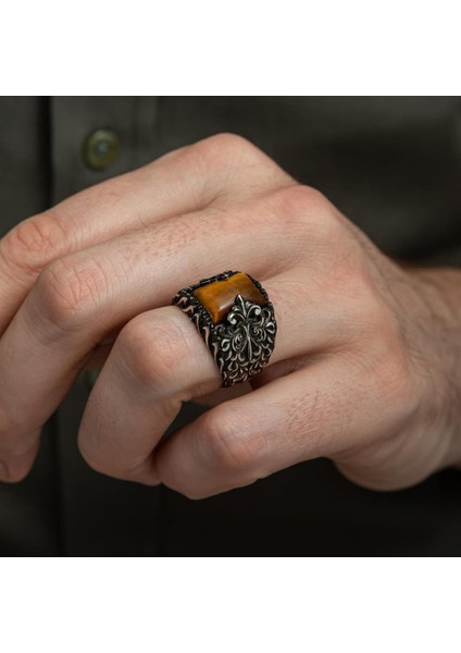 Kaplan Gözü Taşlı 925 Gümüş Erkek Yüzük fırsatları