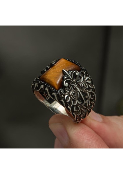 Kaplan Gözü Taşlı 925 Gümüş Erkek Yüzük indirimleri