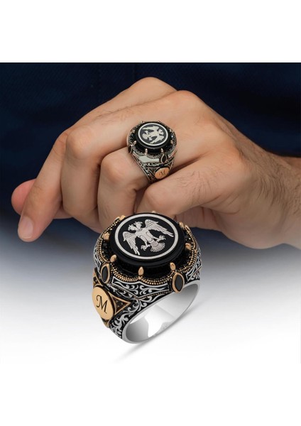 Selçuklu Çift Başlı Kartal Yuvarlak Harfli 925 Gümüş Erkek Yüzük