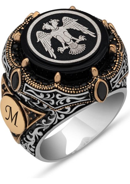 Selçuklu Çift Başlı Kartal Yuvarlak Harfli 925 Gümüş Erkek Yüzük fiyatları