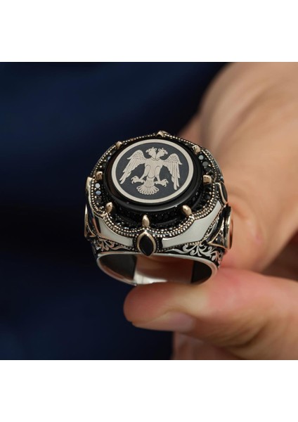 Selçuklu Çift Başlı Kartal Yuvarlak Harfli 925 Gümüş Erkek Yüzük indirimleri