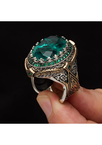 Yeşil Paraiba Taşlı Zorbey 925 Gümüş Erkek Yüzük fiyatları