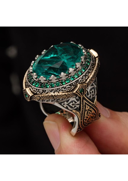 Yeşil Paraiba Taşlı Zorbey 925 Gümüş Erkek Yüzük fırsatları