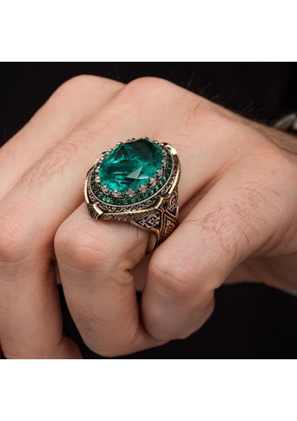 Yeşil Paraiba Taşlı Zorbey 925 Gümüş Erkek Yüzük indirimleri