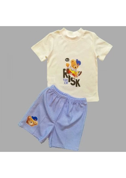 bbyx 1-2-3 Yaş Kaykaycı Ayı Baskılı Şortlu Kısa Kollu Tişört 2li Erkek Bebek Takımı