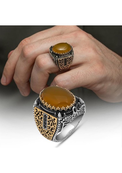 Sarı Akik Taşlı 925 Gümüş Erkek Yüzük