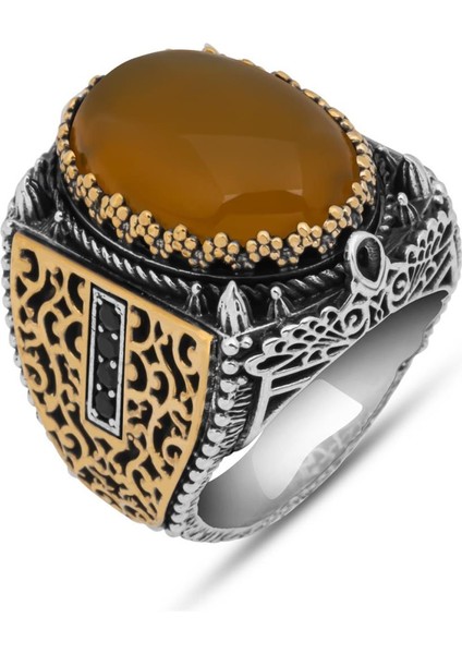 Sarı Akik Taşlı 925 Gümüş Erkek Yüzük fiyatları