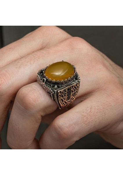 Sarı Akik Taşlı 925 Gümüş Erkek Yüzük modelleri