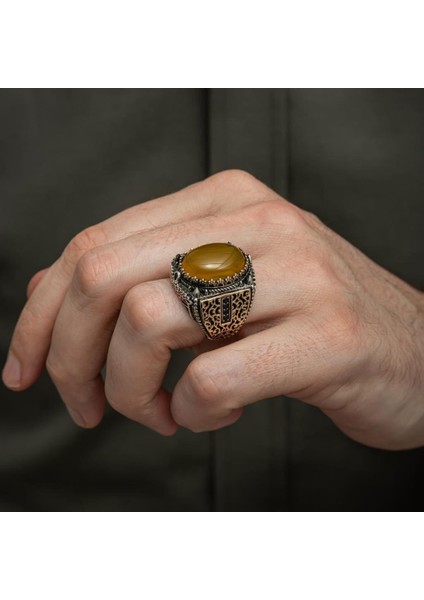 Sarı Akik Taşlı 925 Gümüş Erkek Yüzük fırsatları