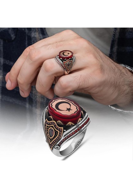 Ayyıldız Kırmızı Taşlı 925 Gümüş Erkek Yüzük