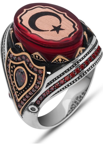 Ayyıldız Kırmızı Taşlı 925 Gümüş Erkek Yüzük fiyatları