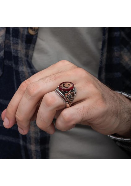 Ayyıldız Kırmızı Taşlı 925 Gümüş Erkek Yüzük fırsatları