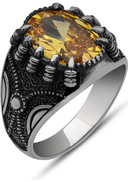 Sarı Taşlı Pençeli Harfli 925 Gümüş Erkek Yüzük fiyatları