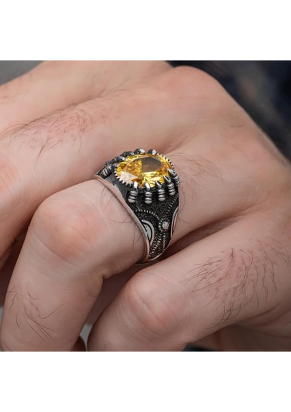 Sarı Taşlı Pençeli Harfli 925 Gümüş Erkek Yüzük modelleri