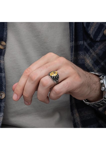 Sarı Taşlı Pençeli Harfli 925 Gümüş Erkek Yüzük fırsatları