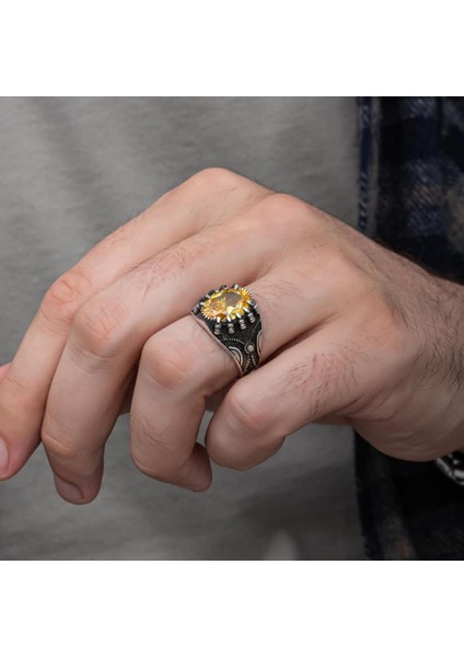 Sarı Taşlı Pençeli Harfli 925 Gümüş Erkek Yüzük indirimleri