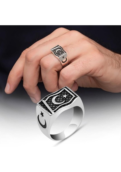 Ayyıldız Bayrak Desenli 925 Gümüş Yüzük