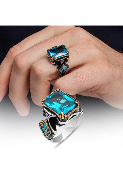 Kare Aqua Mavi Taşlı 925 Gümüş Erkek Yüzük