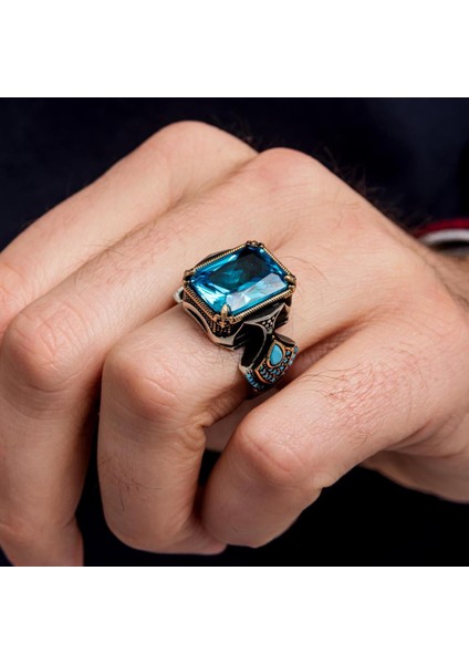 Kare Aqua Mavi Taşlı 925 Gümüş Erkek Yüzük modelleri