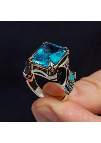 Kare Aqua Mavi Taşlı 925 Gümüş Erkek Yüzük fırsatları