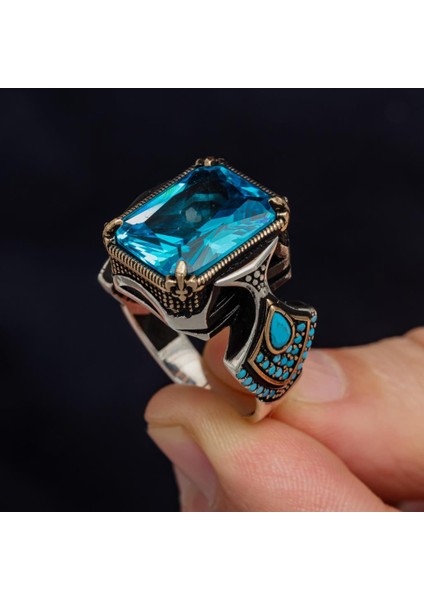 Kare Aqua Mavi Taşlı 925 Gümüş Erkek Yüzük indirimleri