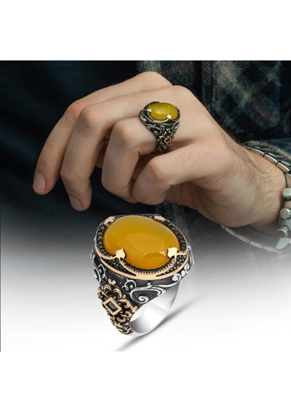 Sarı Akik Taşlı Hünkar Modeli 925 Gümüş Erkek Yüzük