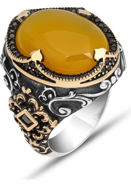 Sarı Akik Taşlı Hünkar Modeli 925 Gümüş Erkek Yüzük fiyatları