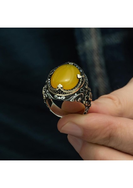 Sarı Akik Taşlı Hünkar Modeli 925 Gümüş Erkek Yüzük modelleri