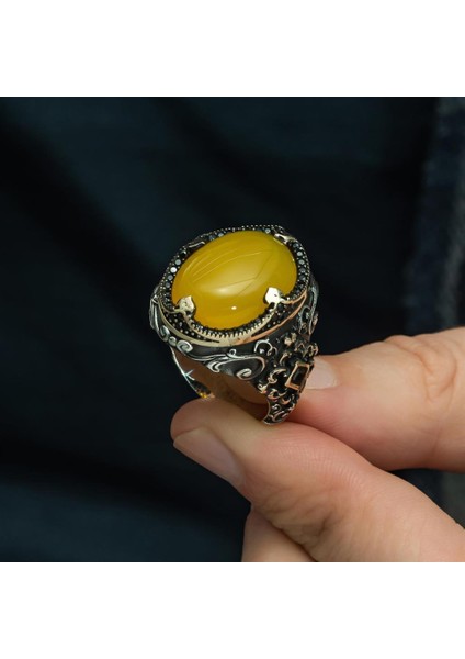 Sarı Akik Taşlı Hünkar Modeli 925 Gümüş Erkek Yüzük fırsatları