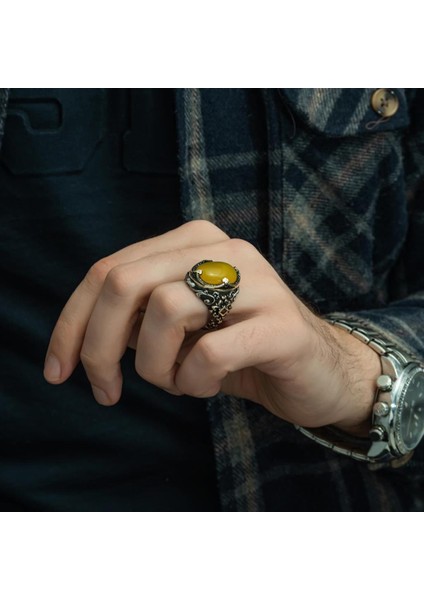Sarı Akik Taşlı Hünkar Modeli 925 Gümüş Erkek Yüzük indirimleri