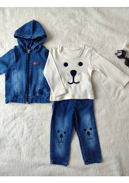 bbyx 9-12-18-24 Ay Kot Kumaş Kapşonlu Uzun Kol Sweatli Kot Kumaş 3lü Erkek Bebek Takımı